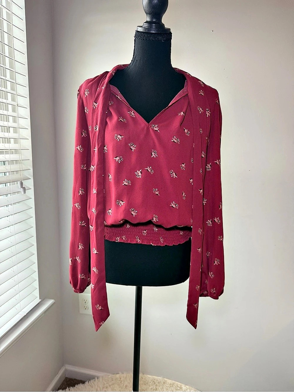 Lily White Floral Blouse in burgundy with small white floral print. Size Large